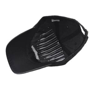 Internal view of washed cotton baseball cap with sweatband and plastic support frame