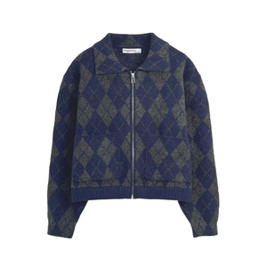 Women Argyle Knitted Cardigan Jacket With Zipper V Neck Long Sleeve Polyester Acrylic Fabric Casual Retro