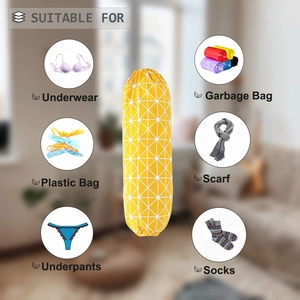 Hanging grocery bag holder with icons showing storage for socks, scarves and plastic bags
