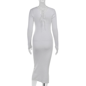 Detail showing back view of white knit slim dress with lace-up crisscross tie design