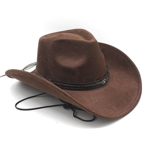 Detail of a brown suede cowboy hat with ethnic metal buckle and adjustable wind chin strap