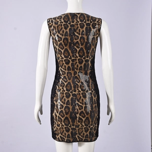 Close-up back view of leopard print sequin bodycon dress with delicate lace details