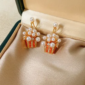 Popcorn Drop Earrings With Artificial Pearl Zircon Copper Alloy And Silver Earring Post Creative Fashion Jewelry For Women