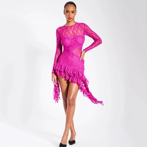 Robe Courte En Dentelle Manches Longues Dos Nu Volant Ourlet Irrégulier Sexy Moulante Fête Femmes