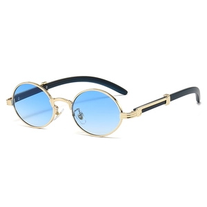 Retro round metal sunglasses with gold frame, blue gradient lenses and black temples