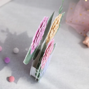3D pop-up greeting card featuring pink and yellow hydrangeas in a blue checkered vase