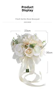 Detail of bridal bouquet showing 23cm width and 30cm height with ivory silk roses