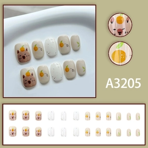 Cute Capybara orange theme press-on nails with cartoon bear designs and 24pc set