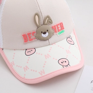 Kids breathable mesh baseball cap with 3D bunny patch and pink cartoon visor details