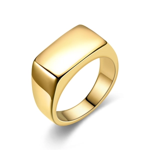 Minimalist golden rectangular signet ring for men in polished stainless steel finish