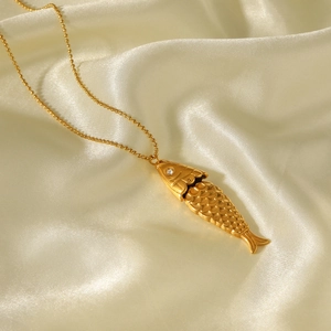 18k gold plated stainless steel fish pendant necklace with diamond eye on silk