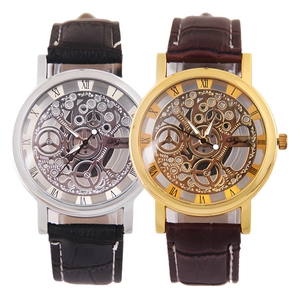 Skeleton Quartz Watch For Men Hollow Dial Roman Numerals Alloy Case Faux Leather Strap Casual Fashion Wristwatch