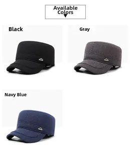 Detailed view of winter military caps in black, grey, and navy blue with metal logo