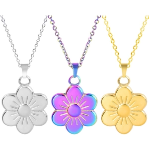 Detailed view of six-petal flower pendants in silver, gold, and iridescent plating