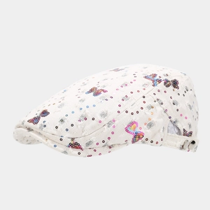 Y2K denim newsboy cap with sequin butterfly patterns and adjustable metal buckle