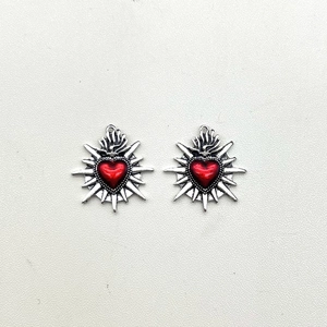 Vintage red heart pendant with silver thorn rays, retro sacred heart DIY jewelry charms