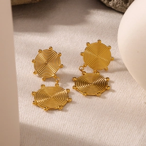 18k gold plated stainless steel drop earrings with spiral textured double discs