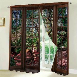 Close-up of 3D digital printed polyester curtain featuring a vintage wood window forest view