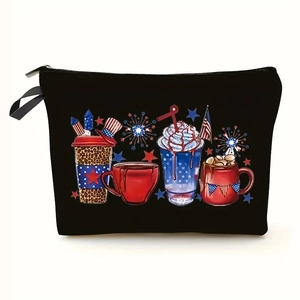 Borsa per trucco in lino con stampe patriottiche dell'Independence Day e chiusura a zip