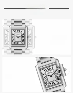 Detail view of rectangular steel watch with roman numerals and radial dial texture