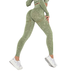 Women's seamless scrunch butt yoga set with high waist leggings in grey-green washed fabric