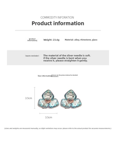 Detailed macro view showing the 3.5cm rhinestone floral earring dimensions and silver needle