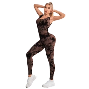 Women's seamless tie-dye yoga jumpsuit with hollow back and coffee marble pattern