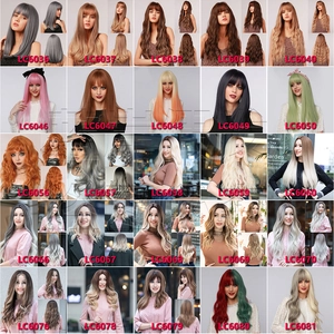 Collage of long wavy synthetic wigs with bangs in diverse gradient colors and styles