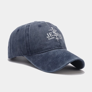 Vintage washed navy baseball cap featuring white Jesus Saved My Life cross print design