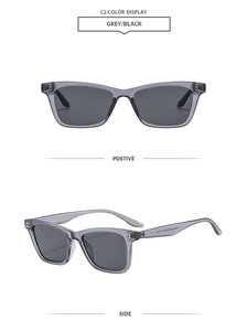 Front and side views of square retro sunglasses with grey frame and black lenses