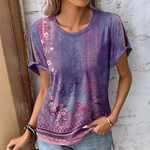 Women's casual ethnic print T-shirt with purple floral pattern and hollow sleeves