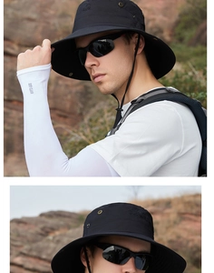 Outdoor sun protection set with black wide-brim hat and white cooling ice silk sleeves