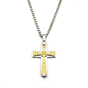 Fashionable two-tone stainless steel cross necklace with gold diamond pattern pendant
