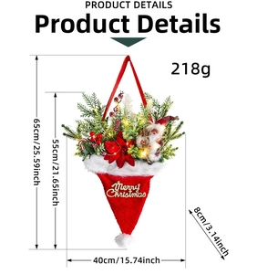 Detail view of glowing Christmas hat wall hanging with dimensions and product weight