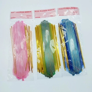 Three 50mm pull flower ribbons in pink green and blue with gold stripes packaging