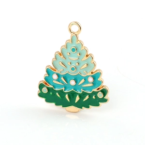Detailed view of a green enamel Christmas tree charm with gold plating for jewelry making