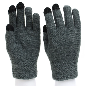 Detail of dark grey knit gloves showing black touchscreen tips on three fingers