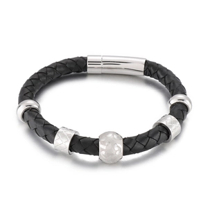 Bracelet En Cuir Tressé Pour Homme Avec Fermoir Magnétique En Acier Inoxydable Perles Métalliques Géométriques Bijou Noir Tissé