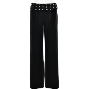 Women's high waist straight leg trousers in black with a white polka dot fold-over waistband