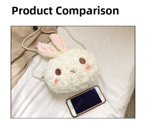 Detailed comparison of the white plush bunny bag size with a smartphone and pearl chain