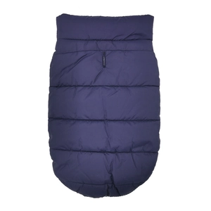 Detail of dark blue padded dog vest with horizontal quilting and leash opening