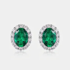 Luxury 925 Sterling Silver Lab-Grown Emerald Stud Earrings For Women Vintage Halo Oval Emerald Rhinestone Earrings Fine Jewelry