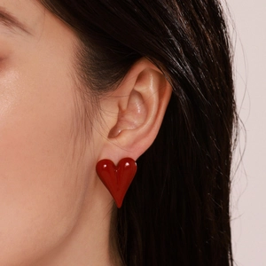 Red enamel heart stud earrings in stainless steel with PVD gold plating for women