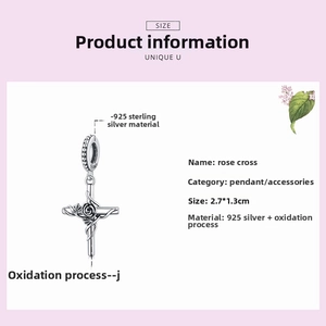 Detail specifications of 925 sterling silver rose cross pendant with dimensions 2.7x1.3cm