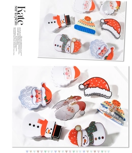 Detail view of colorful Santa Claus and Snowman hair claws with sturdy metal spring mechanism