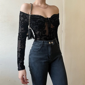 Chic off-shoulder black lace bodysuit with floral flocking and long sleeves