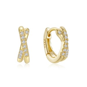 Detailed macro view of S925 sterling silver gold earrings with cross row zircon stones