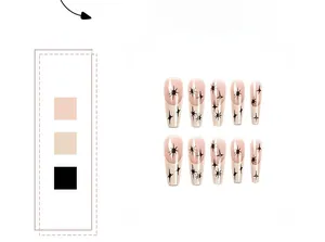 Detail of long ballerina fake nails with nude French tip and black star pattern