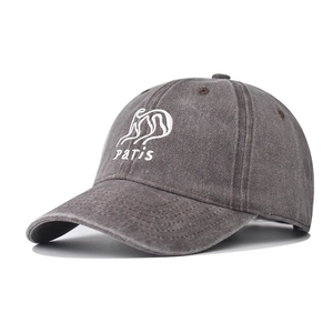 Dark grey washed cotton baseball cap with white Paris embroidery in a vintage distressed style