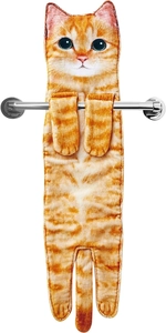 Detail of hanging orange tabby cat hand towel made of ultra-soft microfiber fabric